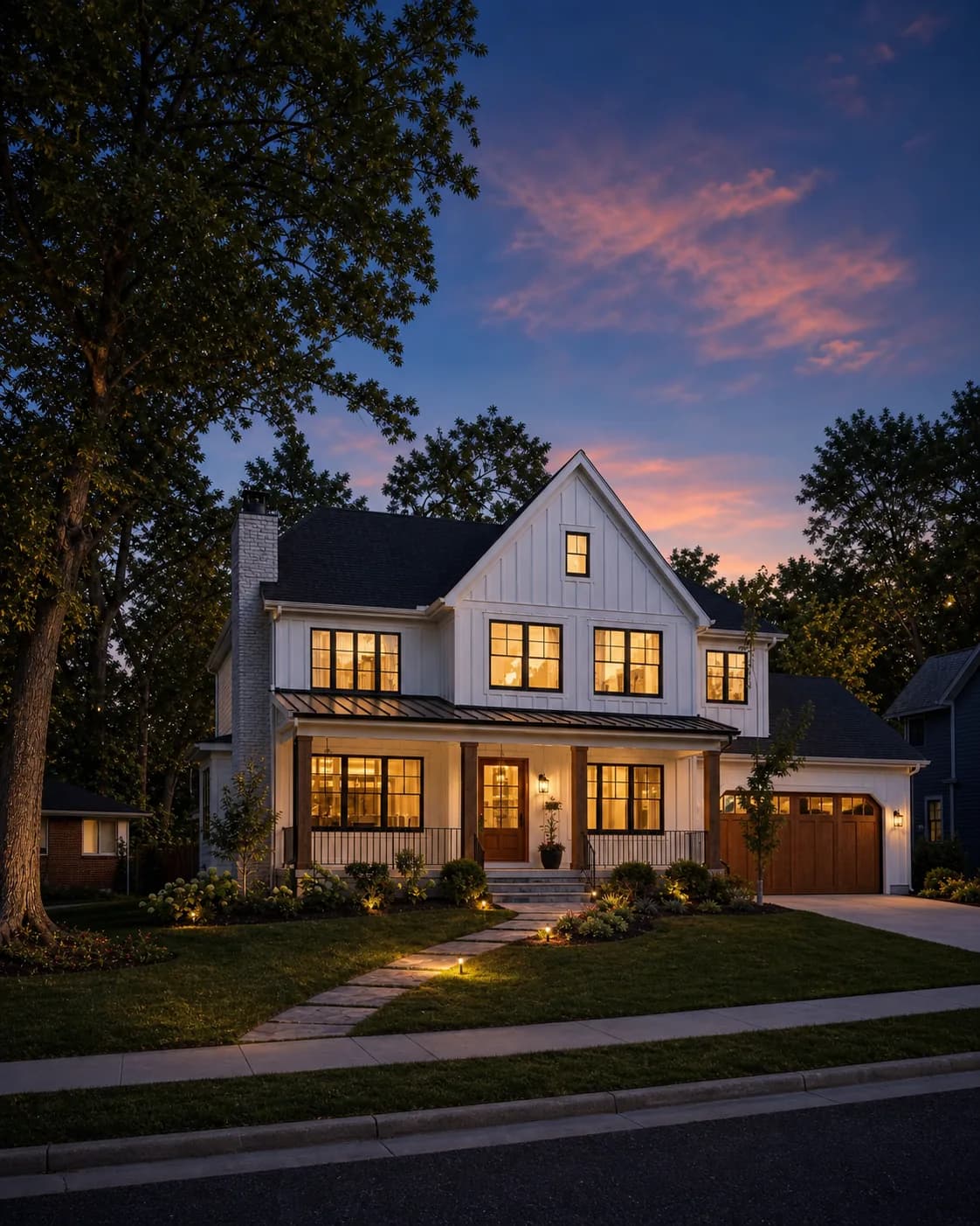 Tree-lined Central Ohio neighborhood at dusk