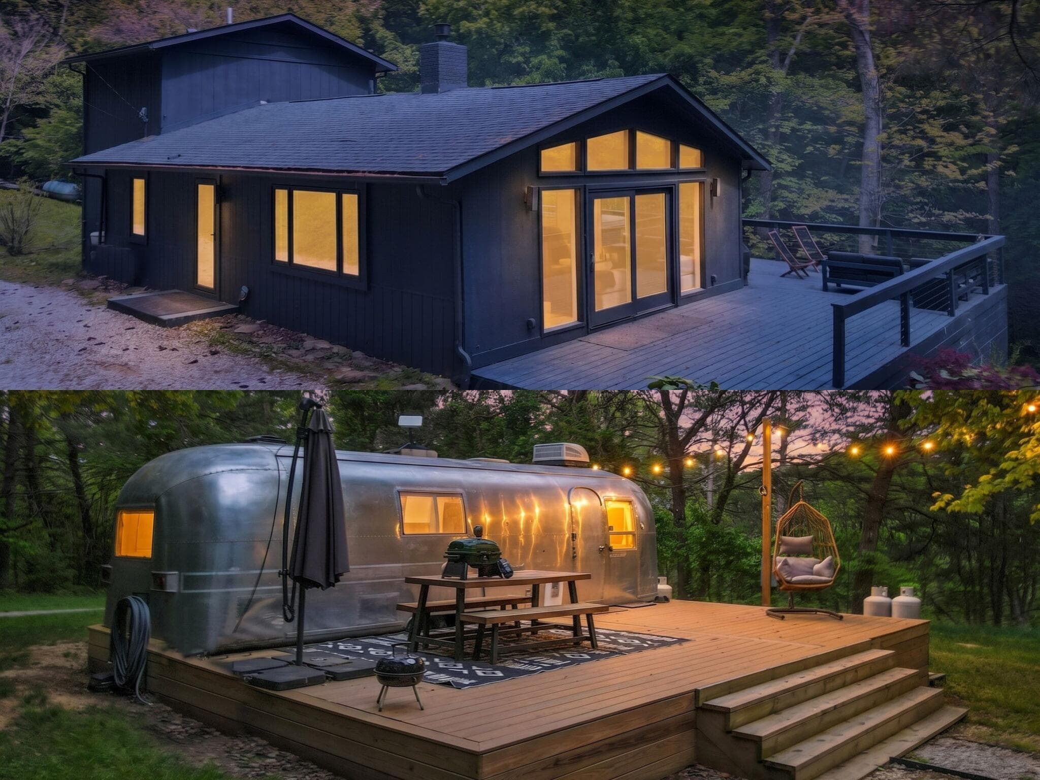 Private woodland retreat featuring a modern cabin and iconic Airstream, thoughtfully designed for unforgettable stays surrounded by nature.
