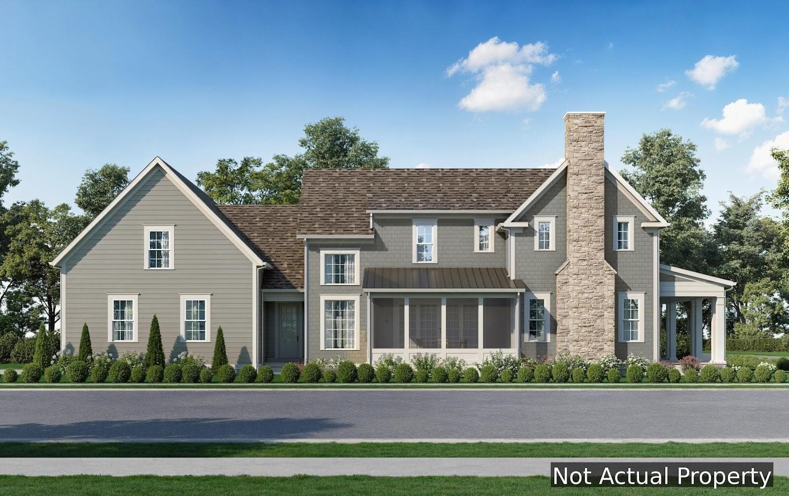 Two-story residence featuring light gray siding with white trim, a prominent stone-clad chimney, a screened porch, and a covered front entry