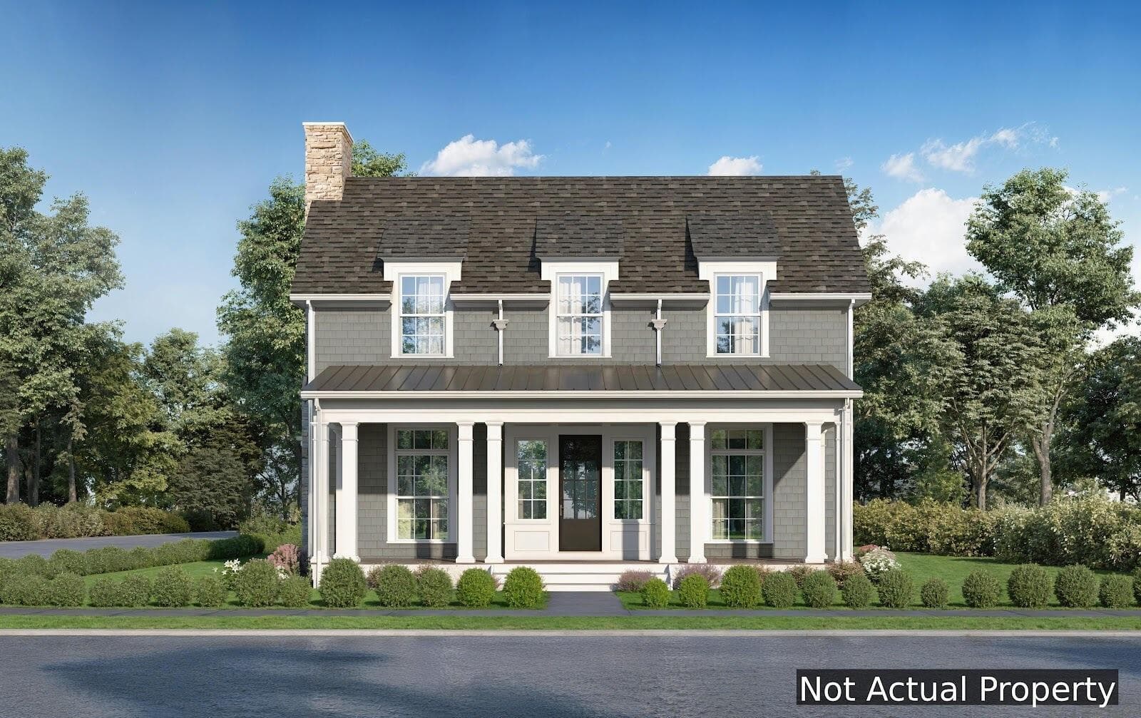 Two-story residence featuring gray siding, a covered front porch with white columns, a dark shingle roof, and a stone chimney