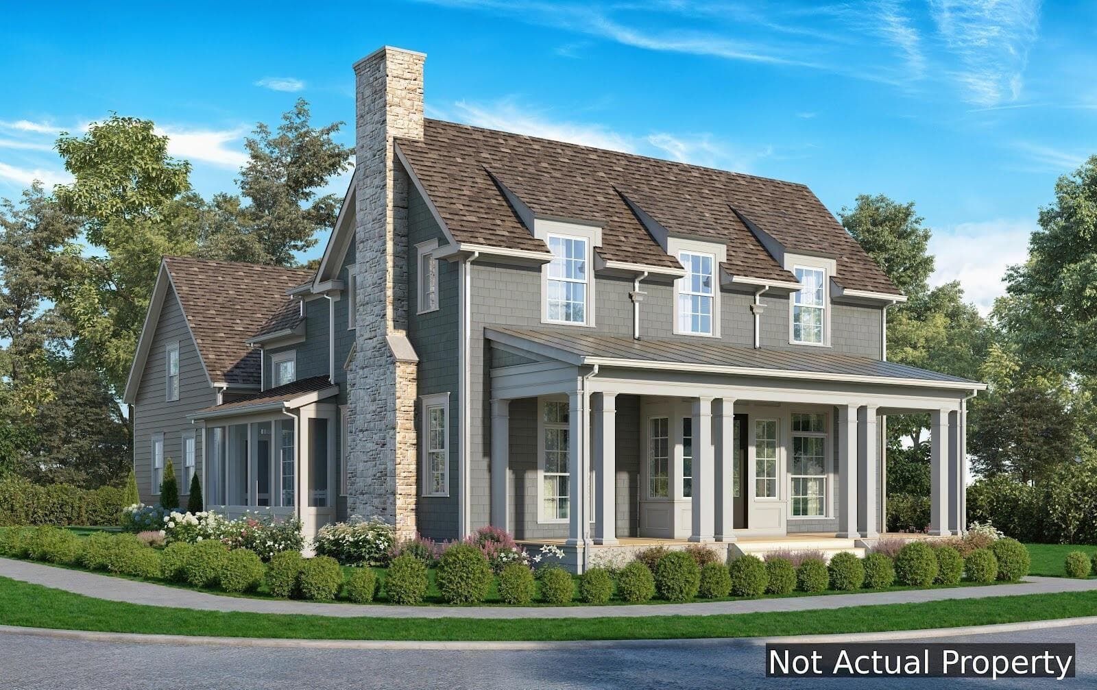 Two-story residence featuring a covered front porch with white columns, a stone-clad chimney, dormer windows, and a shingle roof