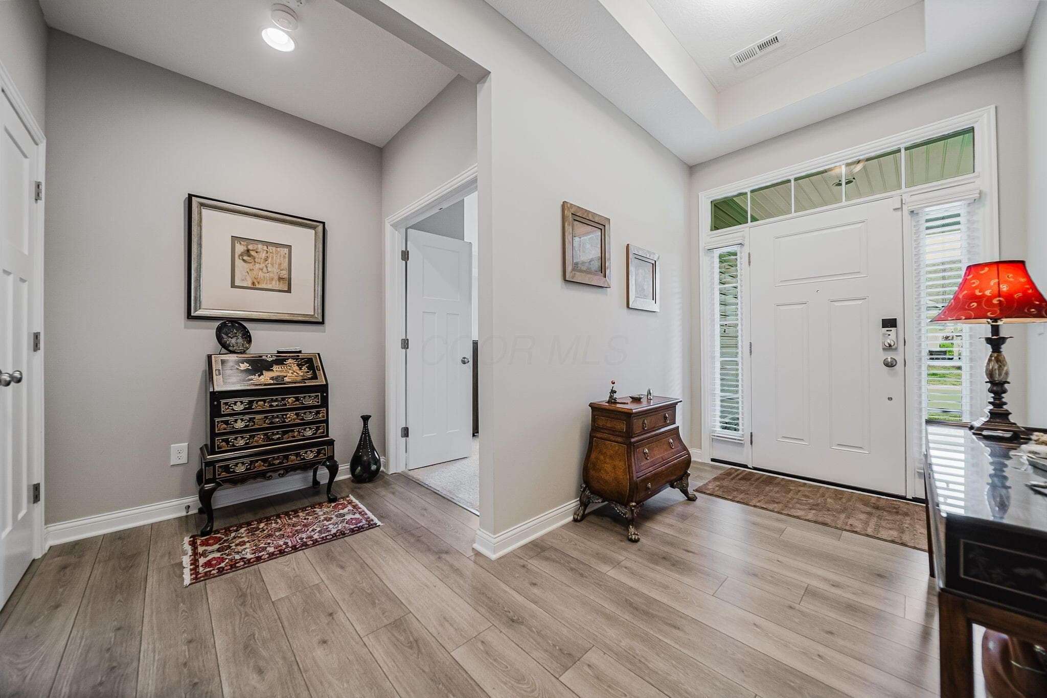 Entryway featuring wood-finish flooring and light gray wall tones