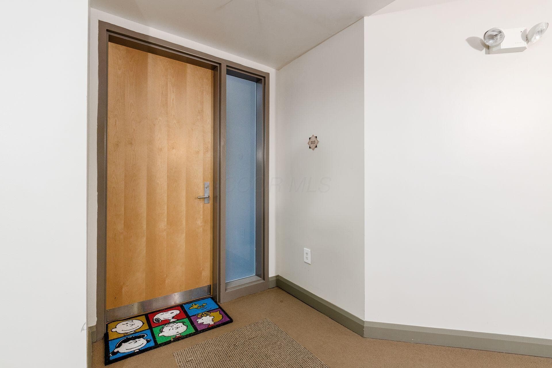 Natural wood-finish entry door with a frosted glass sidelight and metal hardware