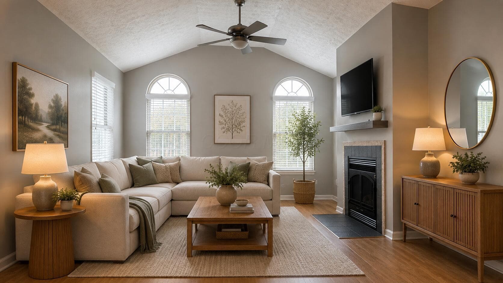 Virtually staged vaulted ceiling living room.