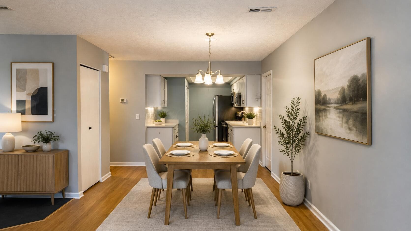 Virtually staged eating area.