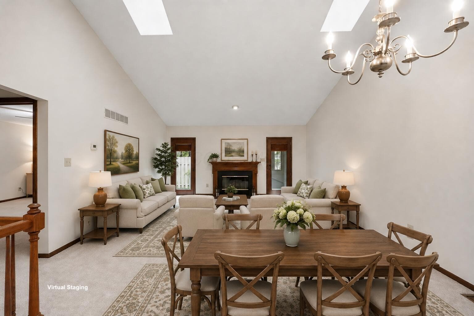 Vaulted ceilings with skylight. Open concept from dining area to great room..