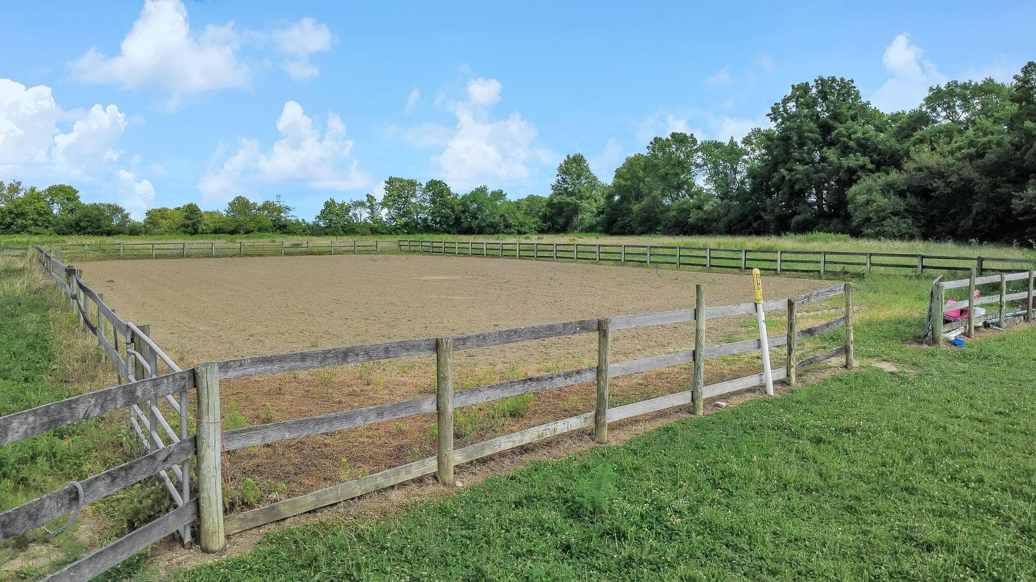 Fenced paddock with a level, unpaved surface, surrounded by green landscaping and mature trees