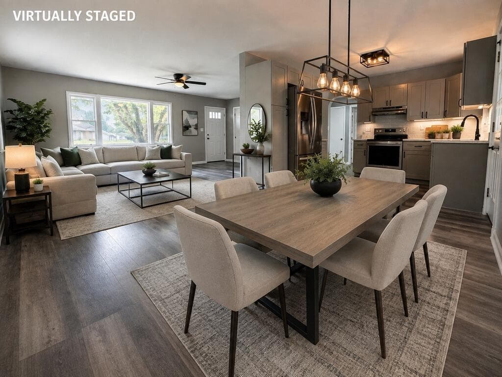 virtually staged dining room, kitchen and living room