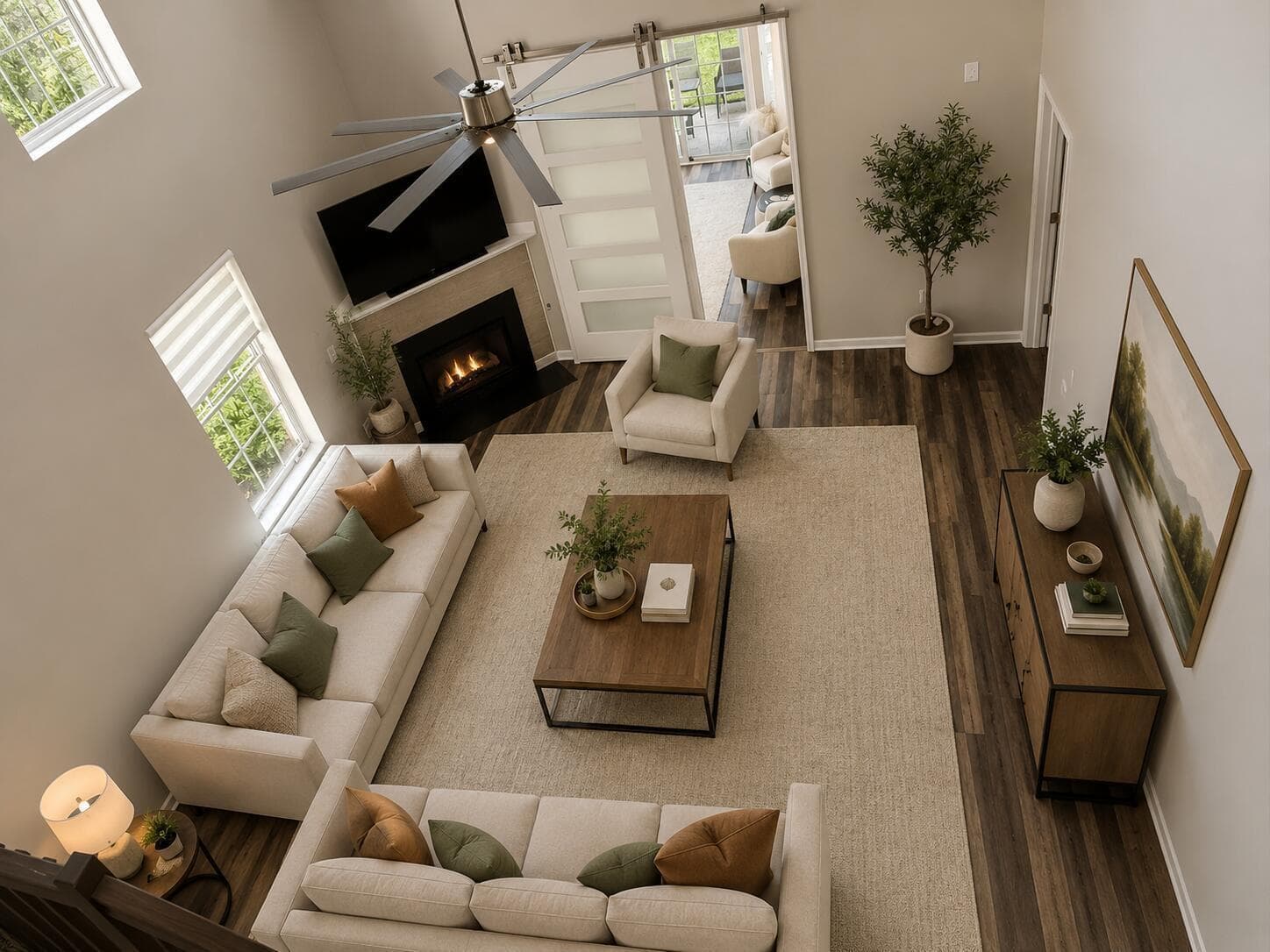 Virtually staged Great room view from loft