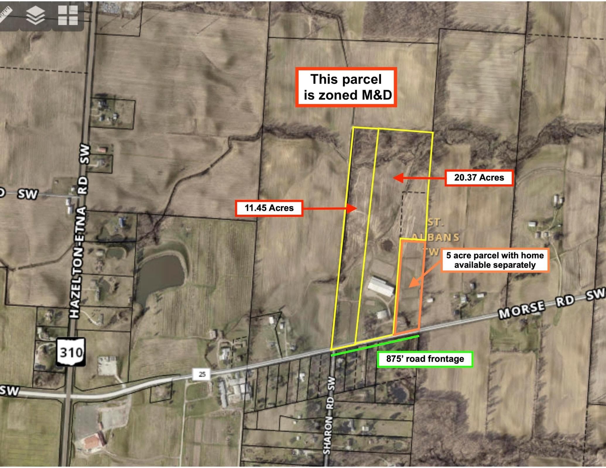 Highlighted parcels are for sale. 5 acre parcel highlighted in orange (this listing) and 31.83 acres highlighted in yellow (separate listing).
