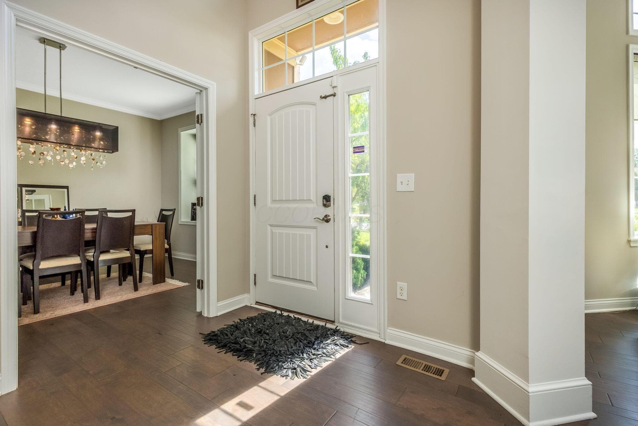 Entryway featuring a white paneled door with glass insert, transom window, and dark wood-finish flooring