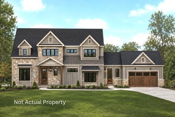 Stone and siding facade with dormer windows, covered entryway, and 4 car garage along with side entry door.