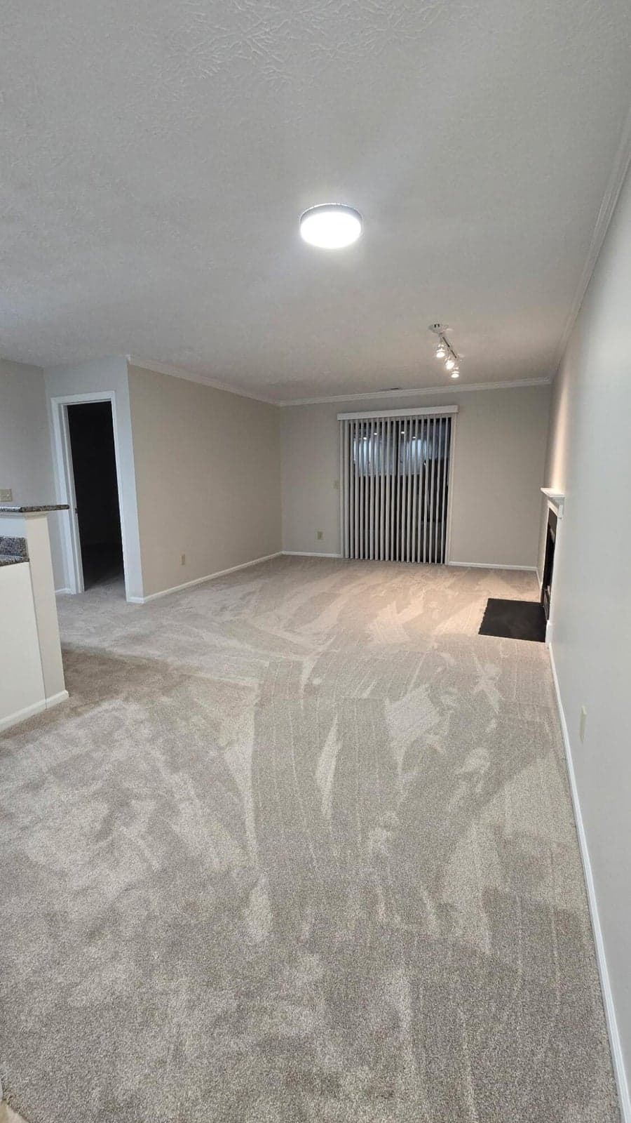 Living space with fireplace and doors to balcony