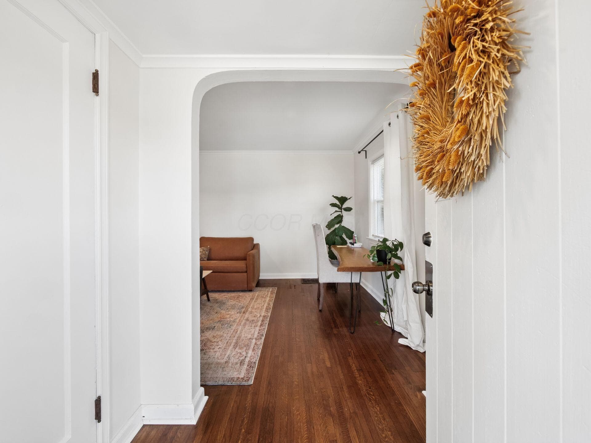 Interior entry featuring an arched doorway, white vertical paneling, and dark wood-finish flooring