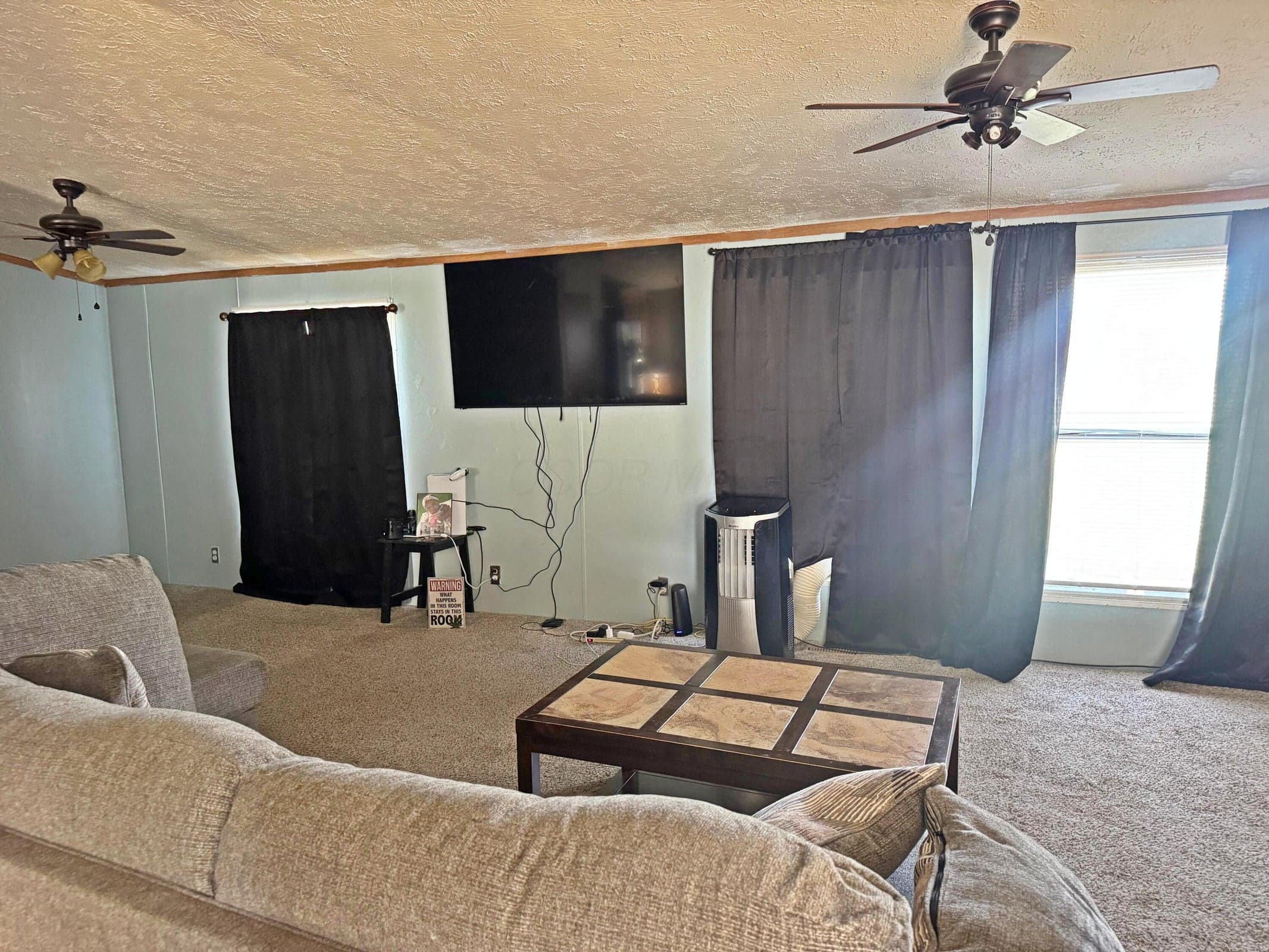 Spacious interior featuring wall-to-wall carpeting, dual ceiling fans, and multiple large windows