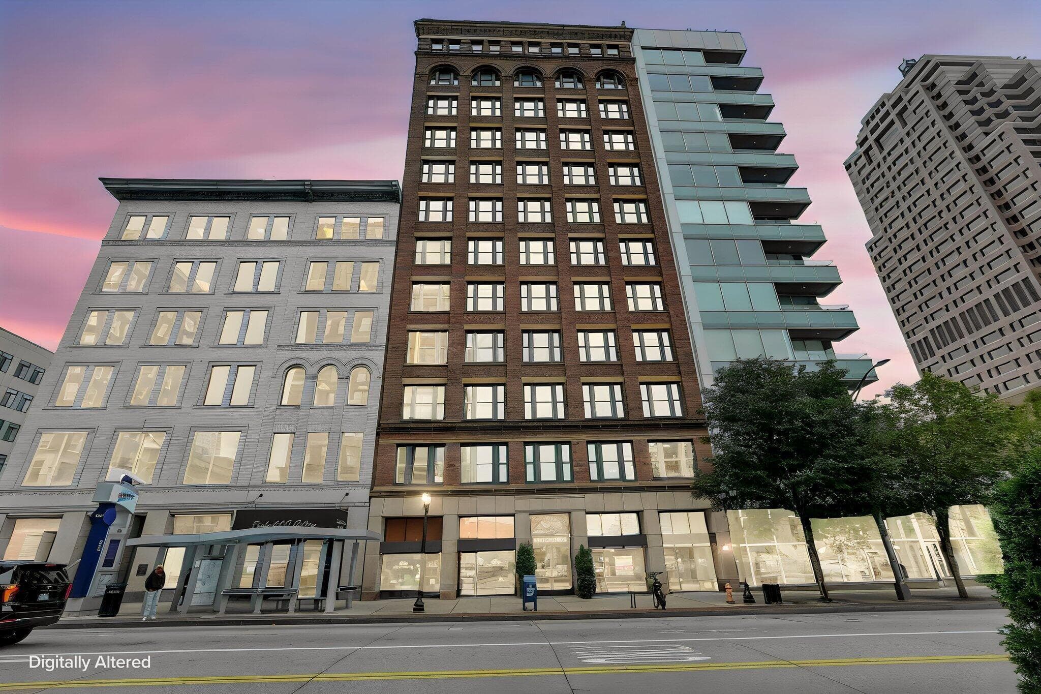 Brick facade building with multiple window configurations